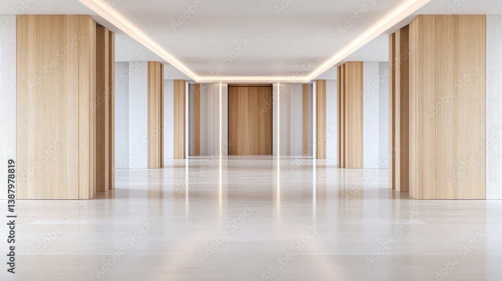 Obraz premium A spacious hall features light wood and white columns. The floor is polished and reflective. The image is clean and bright, with even lighting. The style is minimalist and modern. Neutral colors cr