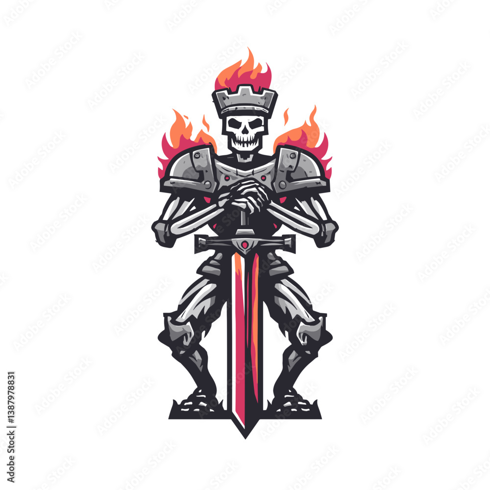 Fototapeta premium Vector logo design featuring a skeletal warrior with a flaming crown holding a sword, perfect for esports branding