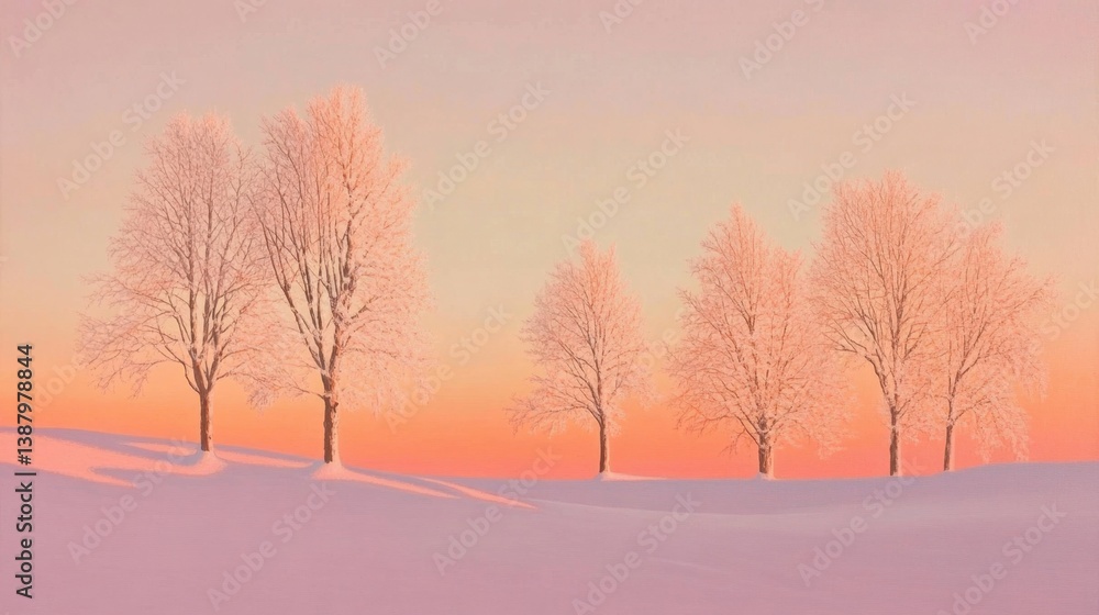 Paisaje de invierno con árboles nevados y cielo rosa