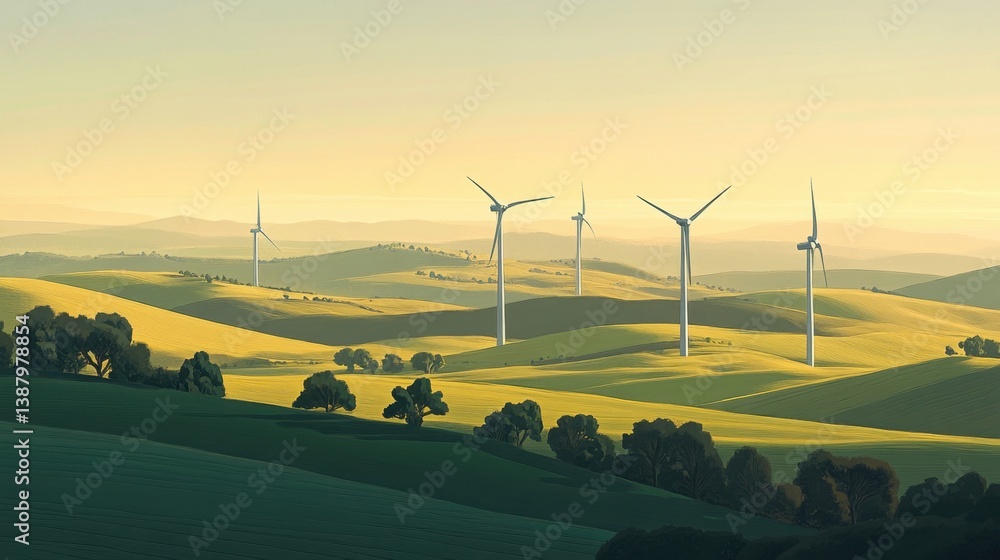 Paisaje de colinas con turbinas eólicas