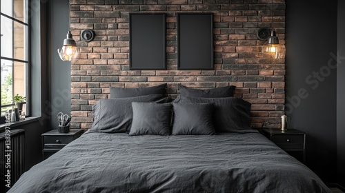 Wallpaper Mural A sleek, industrial-style bed with exposed brick walls and monochrome bedding. Torontodigital.ca