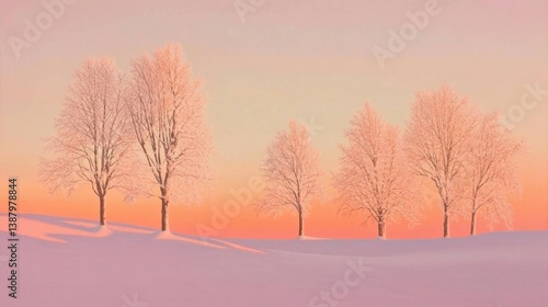Obraz na płótnie Paisaje de invierno con árboles nevados y cielo rosa w salonie