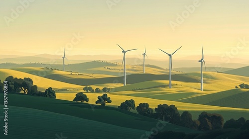 Paisaje de colinas con turbinas eólicas