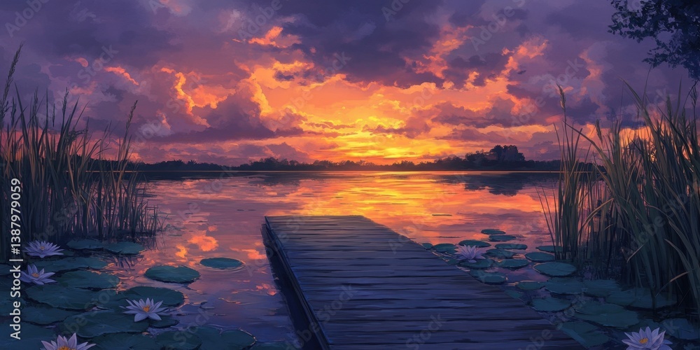Paisaje con atardecer en un lago