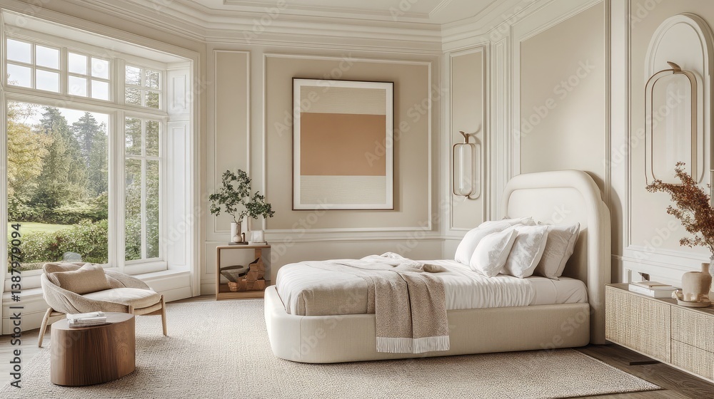 Fototapeta premium A spacious, light-filled bedroom with a modern bed and a cozy reading nook by the window.