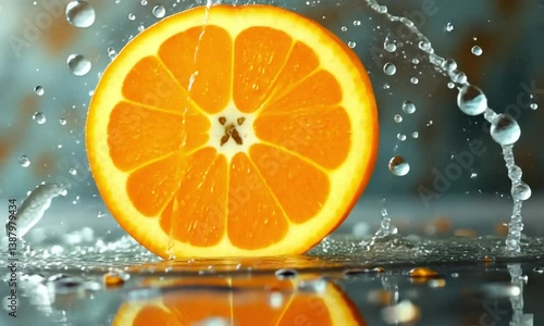 Citrus Splash: A vibrant cross-section of a juicy orange bursts into a refreshing display as water droplets dance around, creating an image of summer freshness.