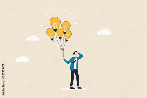 Innovation idea, creativity, solution or smart thinking, inspiration, imagination or wisdom to develop business plan, advice or invention concept, smart businessman holding lightbulb idea balloons.