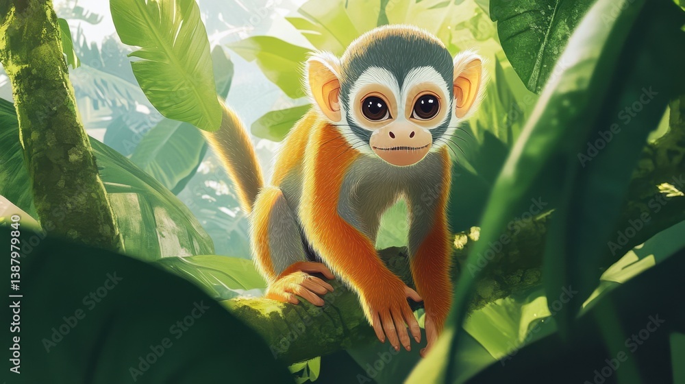 Mono pequeño en un entorno tropical