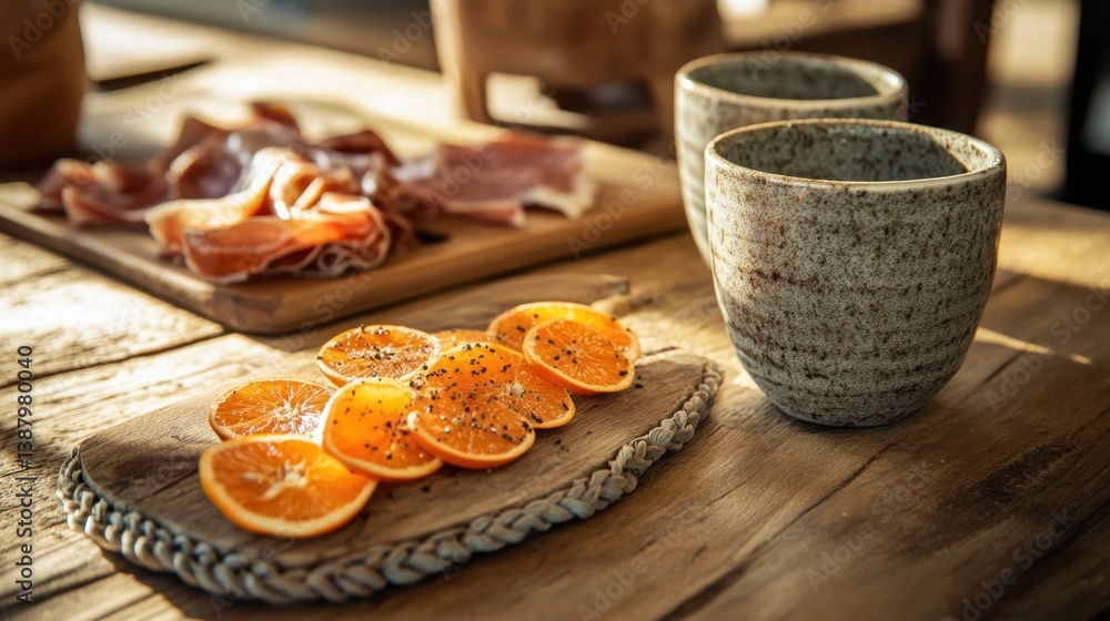 Mesa con comida, rodajas de naranja y tazas
