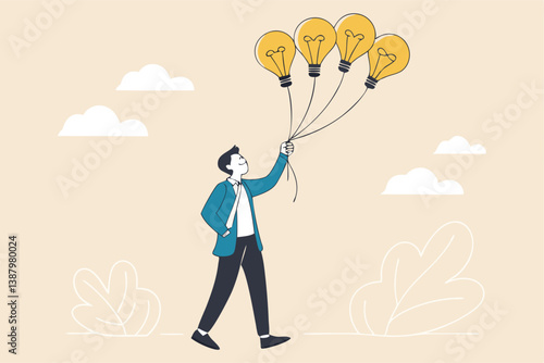 Innovation idea, creativity, solution or smart thinking, inspiration, imagination or wisdom to develop business plan, advice or invention concept, smart businessman holding lightbulb idea balloons.