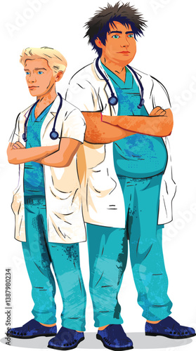 Team of Male Doctors Wearing Lab Coats and Scrubs Cartoon Style Medical Professionals Vector