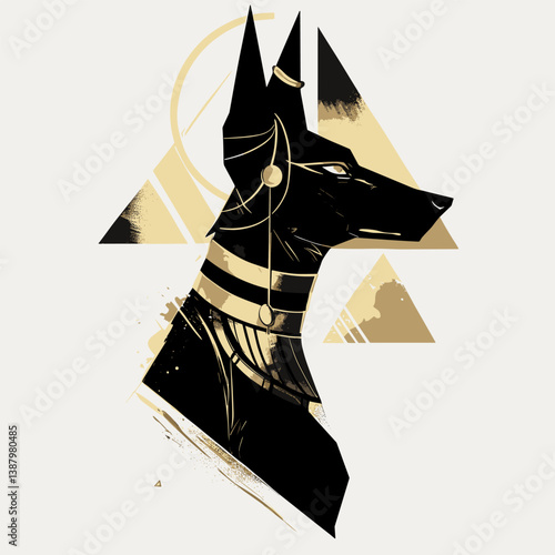 Stylized black and gold graphic illustration of Anubis, the ancient Egyptian jackal-headed god, on a white background. Minimalist mythological artwork with symbolic cultural and spiritual meaning.