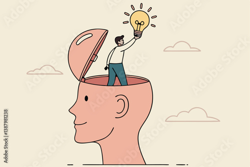 Eureka moment discover new idea or solution to solve problem, business insight, inspiration or creativity innovation, Aha moment concept, man with eureka moment discover lightbulb idea in his head.