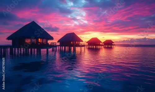 Tropical paradise overwater bungalows at sunset with vibrant pink skies