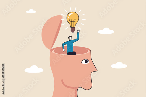 Eureka moment discover new idea or solution to solve problem, business insight, inspiration or creativity innovation, Aha moment concept, man with eureka moment discover lightbulb idea in his head.