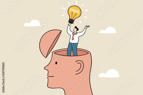 Eureka moment discover new idea or solution to solve problem, business insight, inspiration or creativity innovation, Aha moment concept, man with eureka moment discover lightbulb idea in his head.