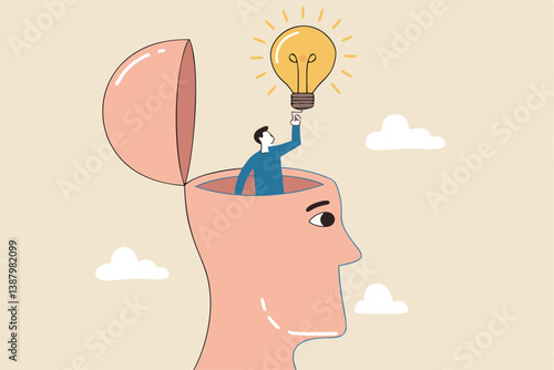 Eureka moment discover new idea or solution to solve problem, business insight, inspiration or creativity innovation, Aha moment concept, man with eureka moment discover lightbulb idea in his head.