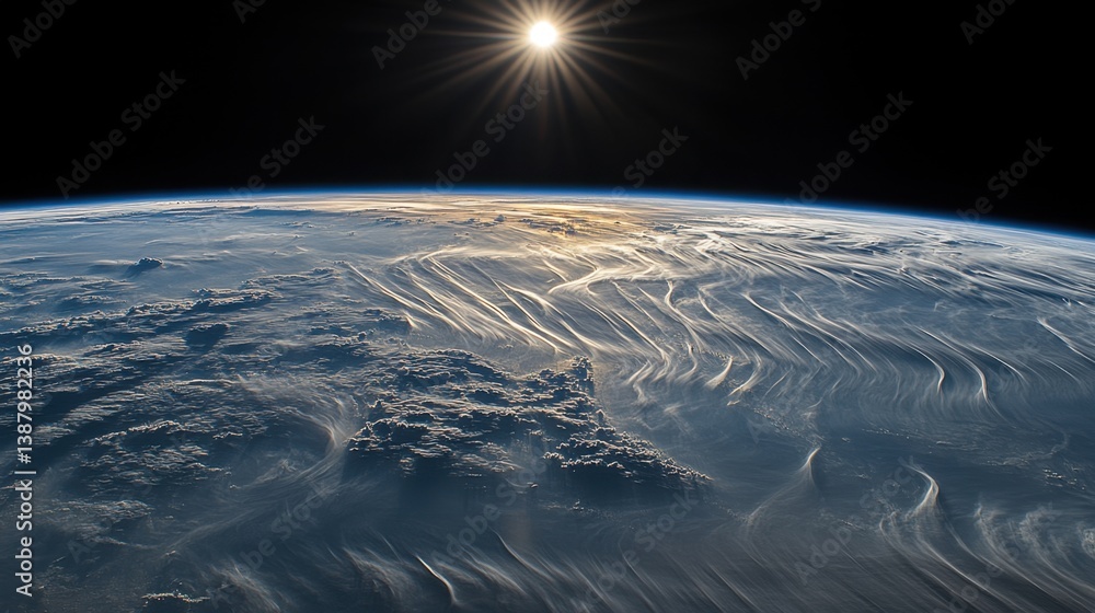 Imagen de la tierra desde el espacio con nubes y sol
