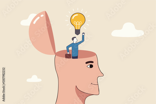 Eureka moment discover new idea or solution to solve problem, business insight, inspiration or creativity innovation, Aha moment concept, man with eureka moment discover lightbulb idea in his head.