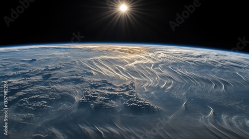 Obraz na płótnie Imagen de la tierra desde el espacio con nubes y sol w salonie