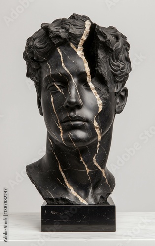 Fragmented Black Marble Bust with Large Exposed Cracks and Rough Stone Breaks