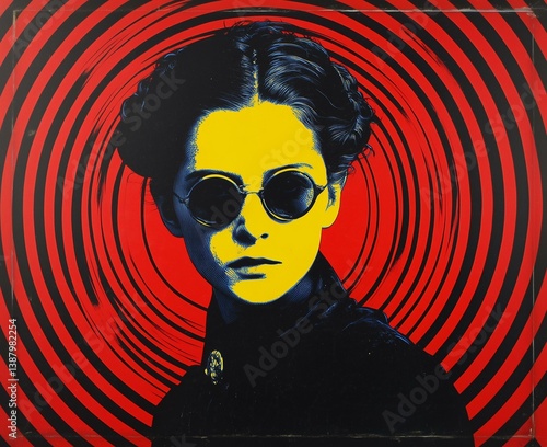 Graphic Portrait of Woman in Sunglasses with Red Hypnotic Spiral Pattern on Black Background