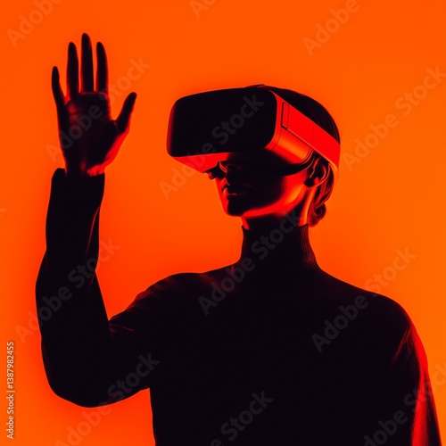 Silhouetted Woman Wearing VR Headset Reaching Forward on Intense Orange-Red Background