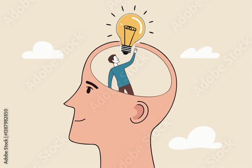 Eureka moment discover new idea or solution to solve problem, business insight, inspiration or creativity innovation, Aha moment concept, man with eureka moment discover lightbulb idea in his head.