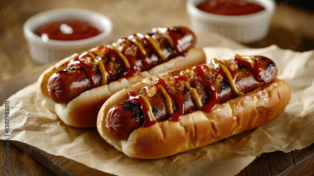 Hot dogs con ketchup y mostaza en un plato