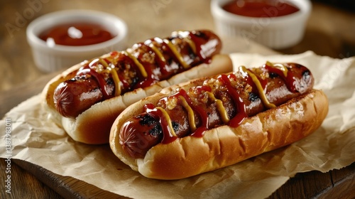 Obraz na płótnie Hot dogs con ketchup y mostaza en un plato w salonie