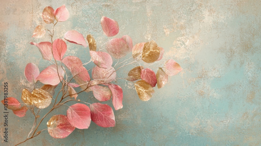 Hojas decorativas en tonos rosa y dorado sobre fondo azul