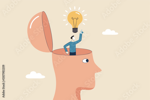 Eureka moment discover new idea or solution to solve problem, business insight, inspiration or creativity innovation, Aha moment concept, man with eureka moment discover lightbulb idea in his head.
