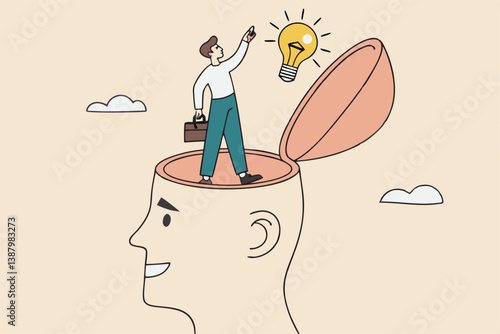 Eureka moment discover new idea or solution to solve problem, business insight, inspiration or creativity innovation, Aha moment concept, man with eureka moment discover lightbulb idea in his head.