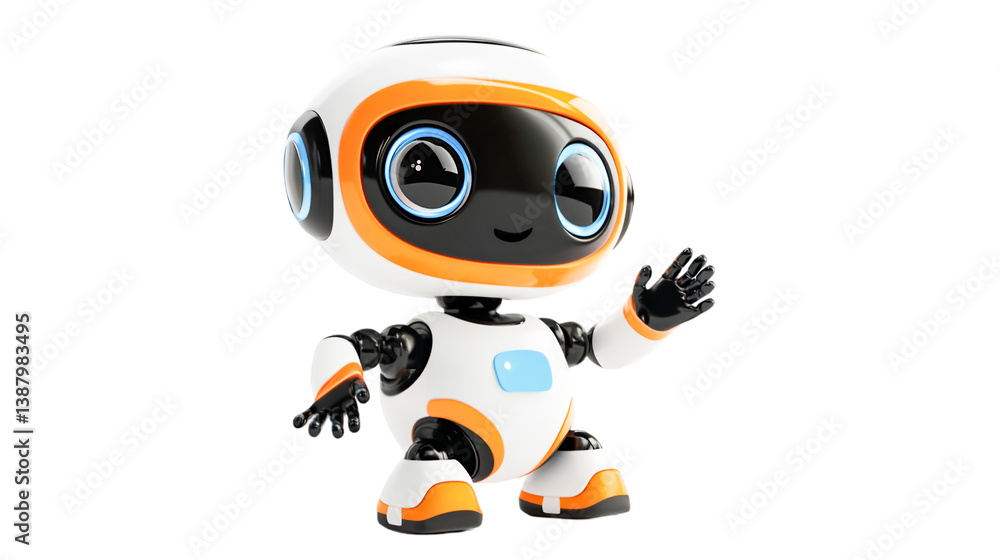 Obraz premium Friendly Robot Waving Hello Cute Tech Toy Orange White Black