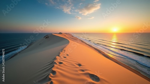 Fototapeta Naklejka Na Ścianę i Meble -  Aerial shot of Dune du Pilat in France at dawn, with sunny weather and the dunes bathed in soft, golden light.