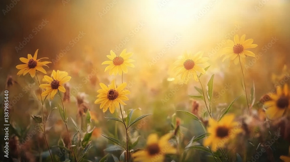Flores amarillas en campo iluminado por el sol