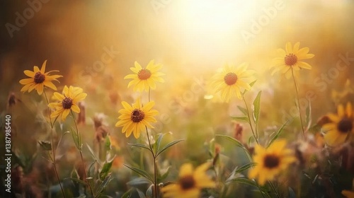 Obraz na płótnie Flores amarillas en campo iluminado por el sol w salonie