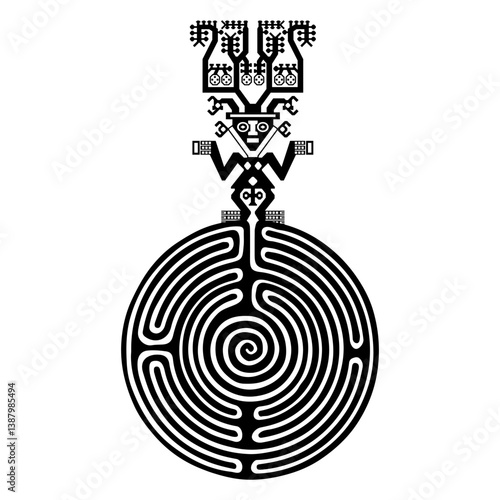 Human figurine on top of a round spiral maze or labyrinth symbol. Native American design from ancient Peru. Symbol of Chimu culture. Black and white silhouette.