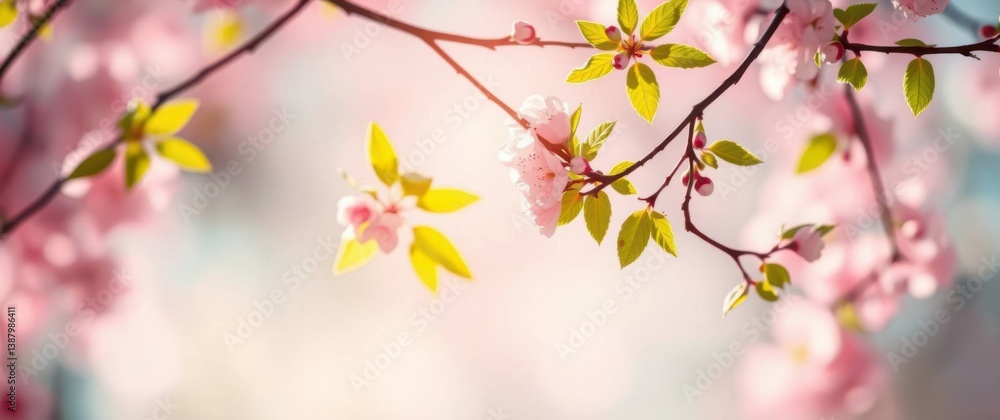 Obraz premium Delicate pink blossoms and fresh green leaves announce the arrival of spring in a gentle, dreamlike scene.