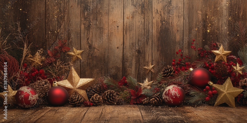 Decoración navideña con bolas y estrellas doradas