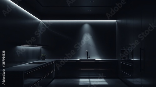 Interior modern kitchen design with unique furniture, water faucet, sink, counter and lighting, house interior view