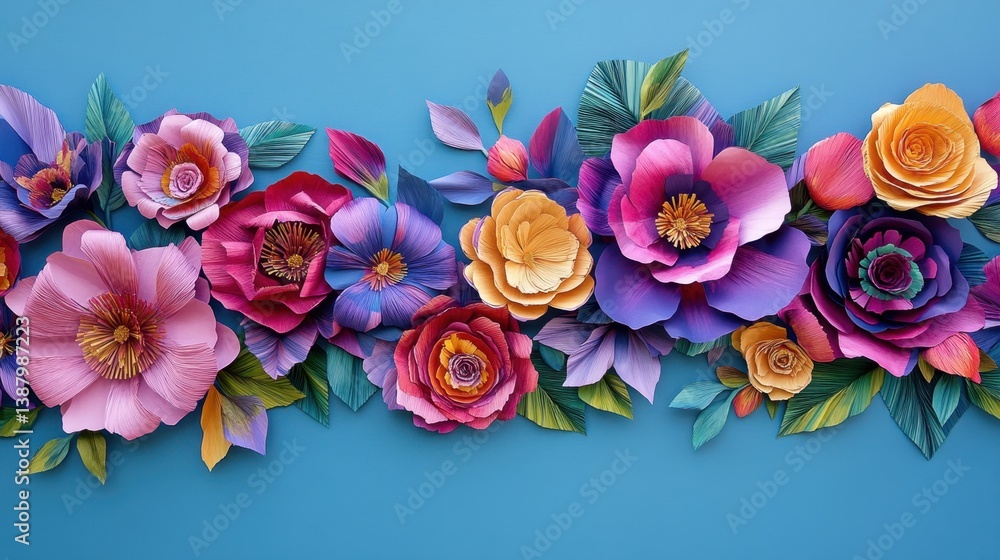 Composición artística de flores de papel en colores vivos