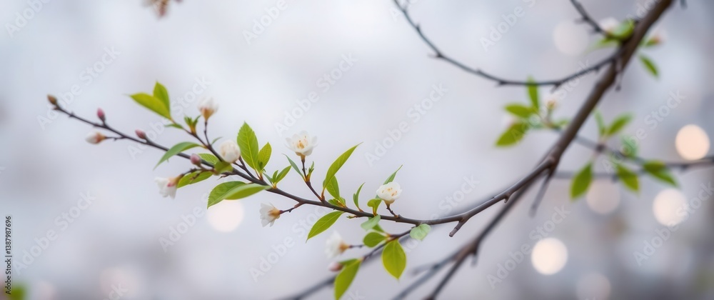 Floral branch with small flowers and green leaves on blurred background with bokeh lights. Floral branch with small flowers and green leaves on blurred background with bokeh lights.