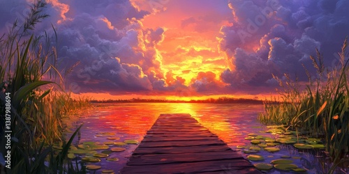 Obraz na płótnie Atardecer en lago con nubes w salonie