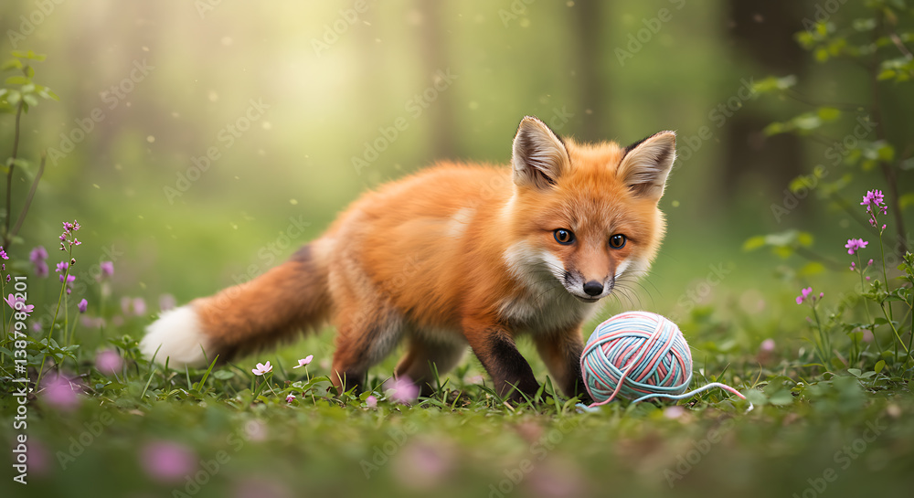 Naklejka premium Playful Fox in Enchanted Glade: A curious fox, its vibrant orange coat gleaming, interacts with a ball of yarn in a sun-dappled glade, evoking a sense of wonder and innocent exploration. 