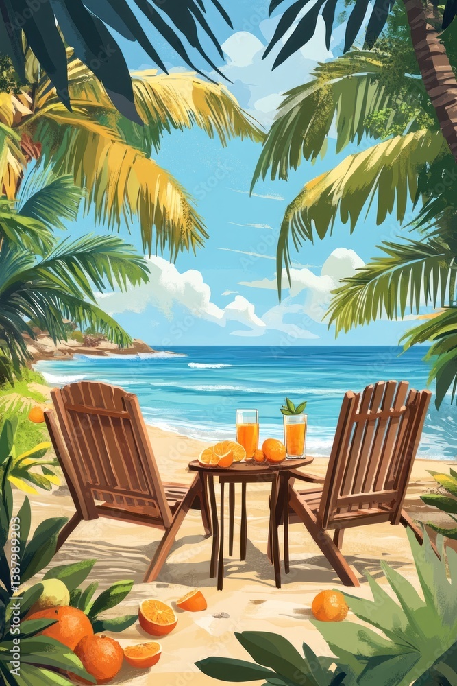 Fototapeta premium Coastal beach scene featuring orange juice and wooden chairs