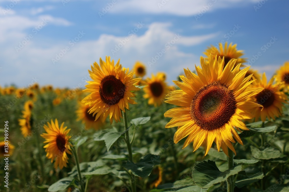 Fototapeta premium A field of sunflowers under a clear blue sky, happiness