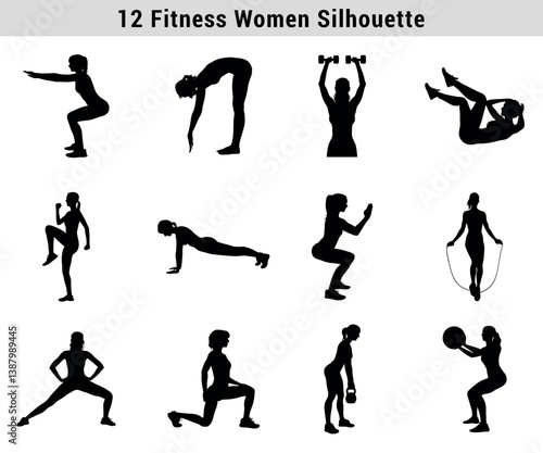 Fitness Woman Silhouette Set Various Exercises Cardio And Strength Training Vector Illustration For Workout Guidance And Fitness Content Creation