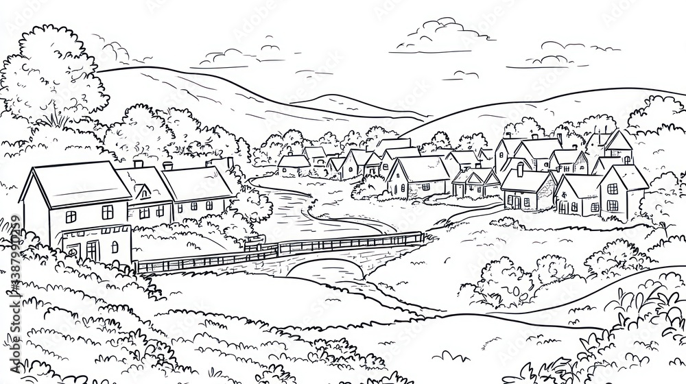 Black and white drawing of a village nestled in a valley. Possible use for coloring book or educational material Black and white drawing of a village nestled in a valley. Possible use for coloring book or educational material