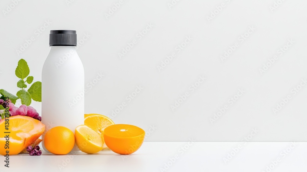 White bottle with citrus fruits and herbs, promoting healthy drinks White bottle with citrus fruits and herbs, promoting healthy drinks
